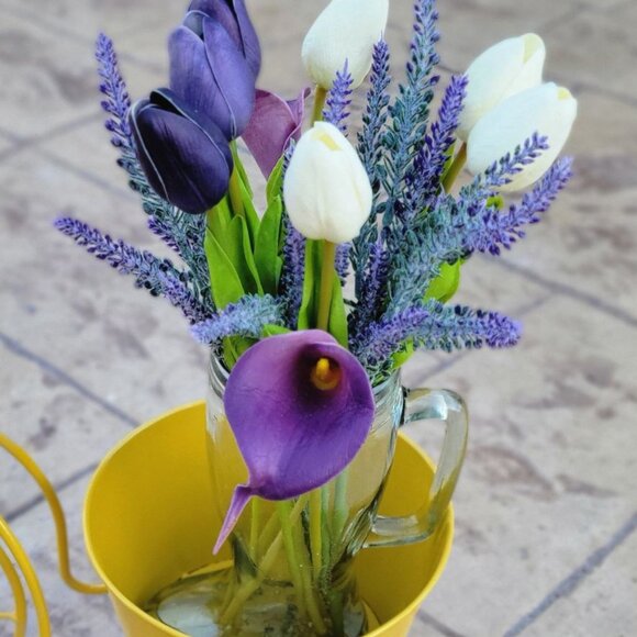 Purple White Calla Lilly Tulip Arrangement Flower Centerpiece Home Table Decor - Picture 5 of 5